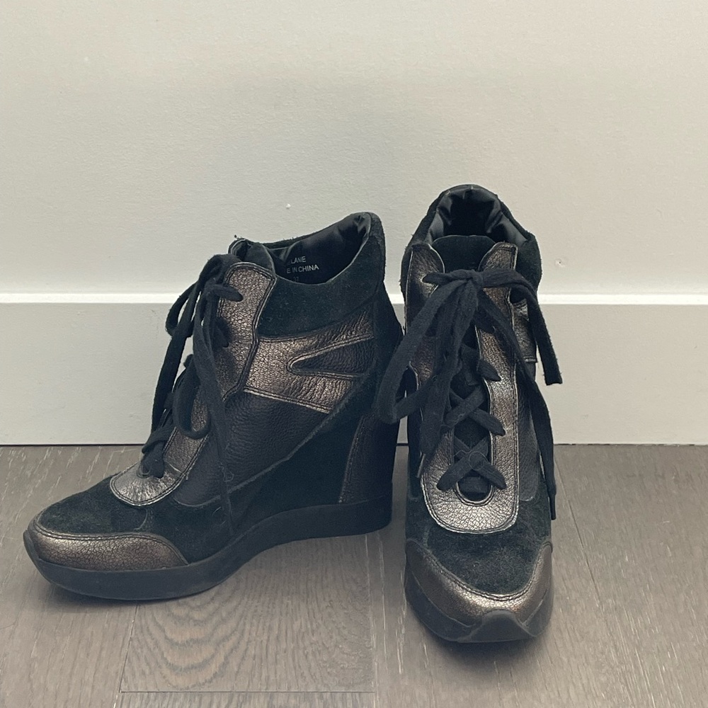 French Connection Leather-Suede Wedge Ankle Sneaker